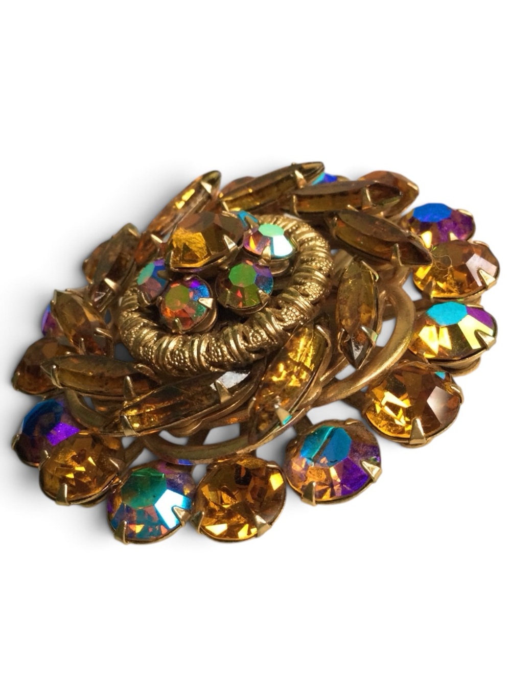 Vintage Amber & AB Crystal Rhinestone Layered Domed Cluster Brooch - Picture 4 of 13